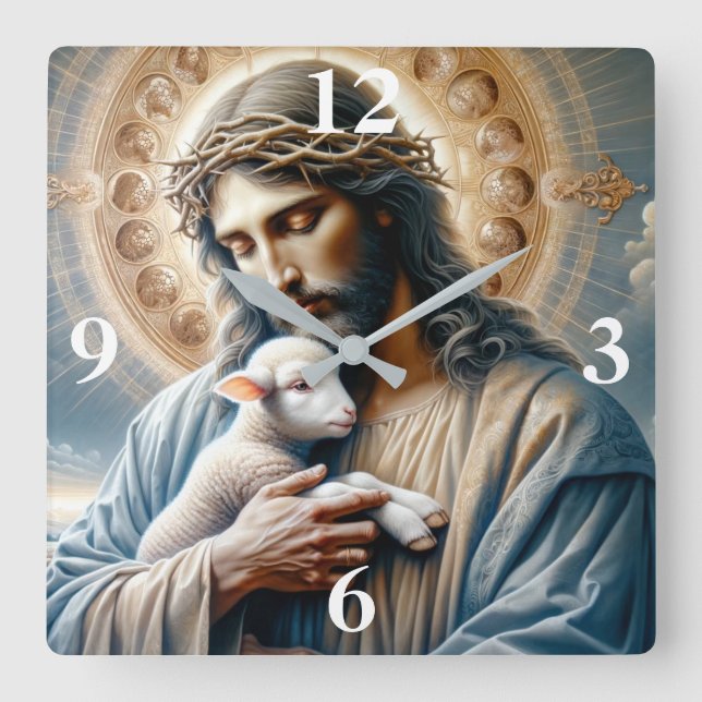 Jesus und Lamb Quadratische Wanduhr (Vorderseite)
