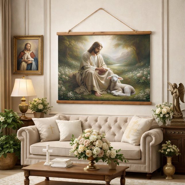 Jesus und Lamb Wandteppich Mit Holzrahmen (Von Creator hochgeladen)