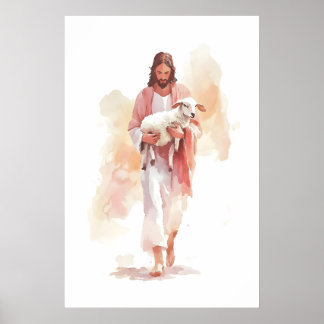 Jesus und Lamm Aquarell-Druck Gleichnis des Poster