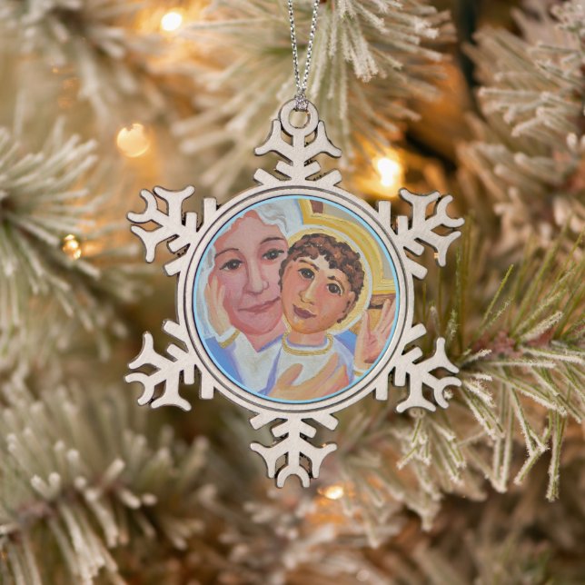 Jesus und Maria Christlich Schneeflocken Zinn-Ornament (Baum)