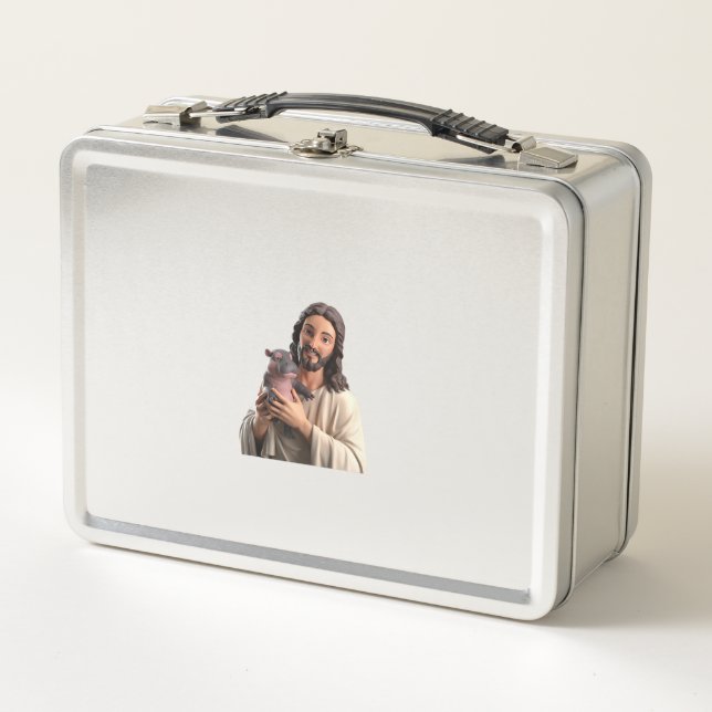 Jesus und Moo Deng_ Ein einzigartiger Einfall in d Metall Brotdose (Vorderseite)