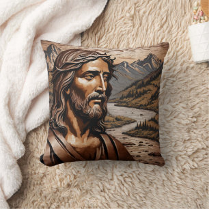 Jesus unter den Bergen bei Sonnenuntergang Kissen