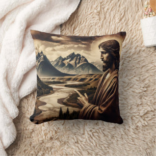 Jesus zeigt auf die majestätische Bergwelt Kissen