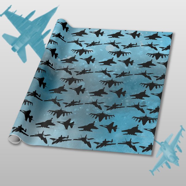 Jet Aircraft Black Blue Military Aquarell Geschenkpapier (Von Creator hochgeladen)