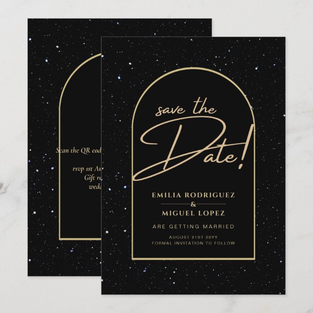 JET BLACK GOLD Starry Night Wedding RETT DATE Einladung (Vorne/Hinten)
