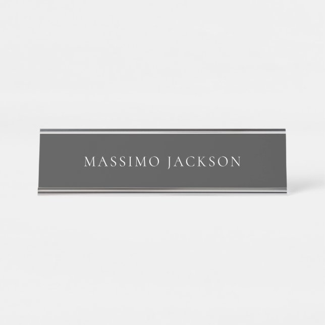 Jet Black & White Minimalist Plain Modern Schreibtischnamensplakette (Vorderseite )