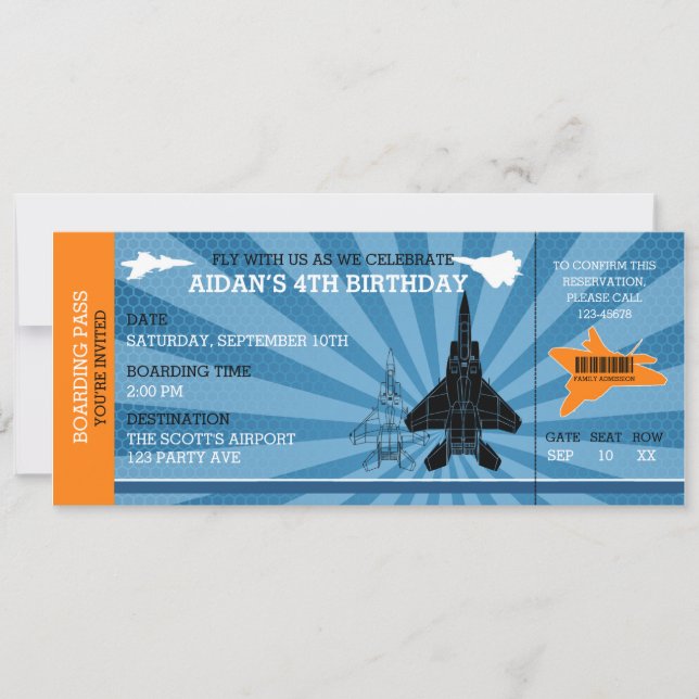 Jet Flugzeug Birthday Einladungen (Blue Orange) (Vorderseite)