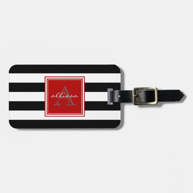 Jet-Schwarz-mit Monogramm Markisen-Streifen Gepäckanhänger (Vorderseite horizontal)