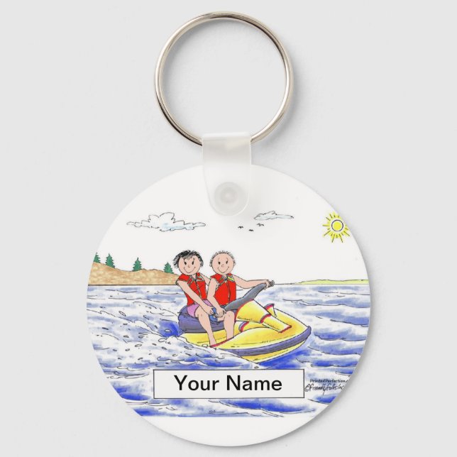Jet Ski Riding Couple Cartoon von PrintedPerfectio Schlüsselanhänger (Vorderseite)