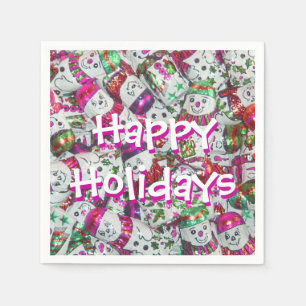 Jetable Sweet Snowmen rose Happy Holiday papier serviette