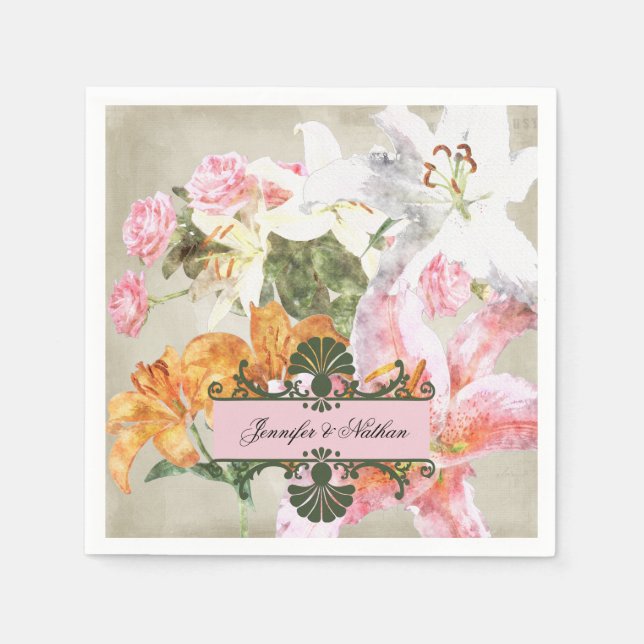 Jetables Aquarelle Lys Mariage papier serviettes (Devant)