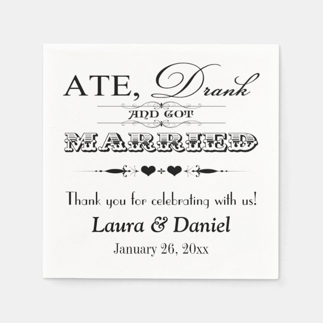 Jetables Coeurs noir et blanc, Scrolls Mariage serviettes (Devant)