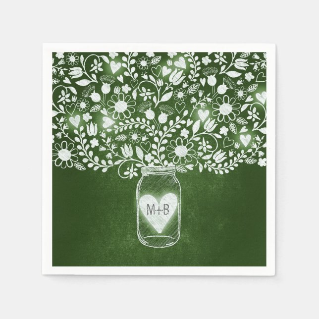 Jetables fleurs mason jarre vert mariage serviettes (Devant)