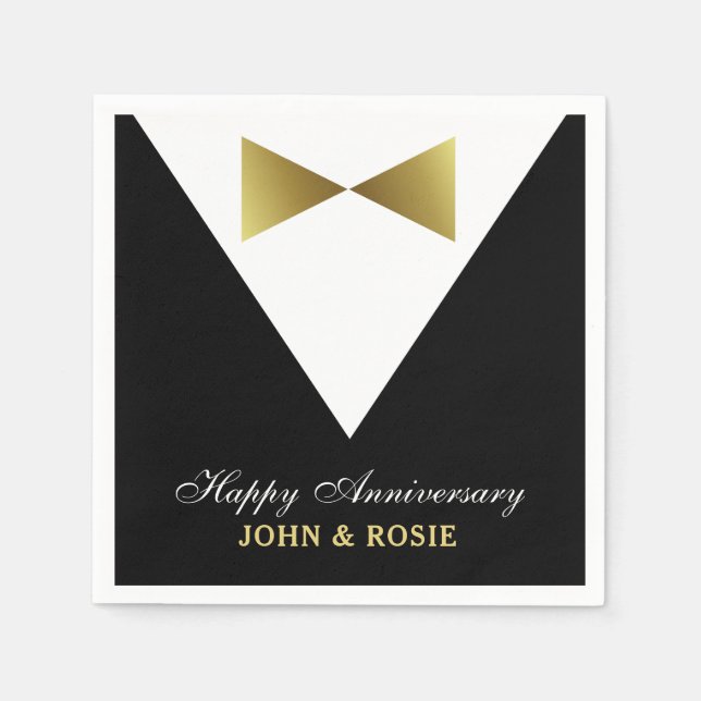 Jetables Joyeux Anniversaire serviettes | Tuxedo noir et or (Devant)