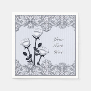 Jetables Roses en satin blanc argenté et serviettes en dent