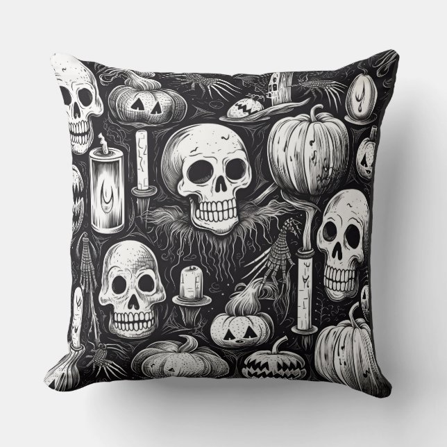 Jeter Oreiller Halloween citrouille et encre crâne (Recto)