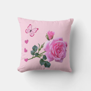 Jeter Oreiller Rose Rose Rose Floral Coeurs papill
