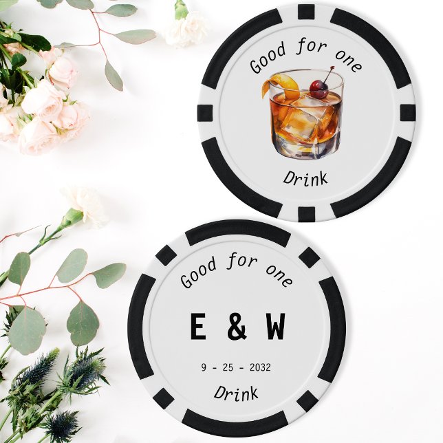 Jetons de poker Mariage Black White (Modern Black White Drink Token Wedding Poker Chip)