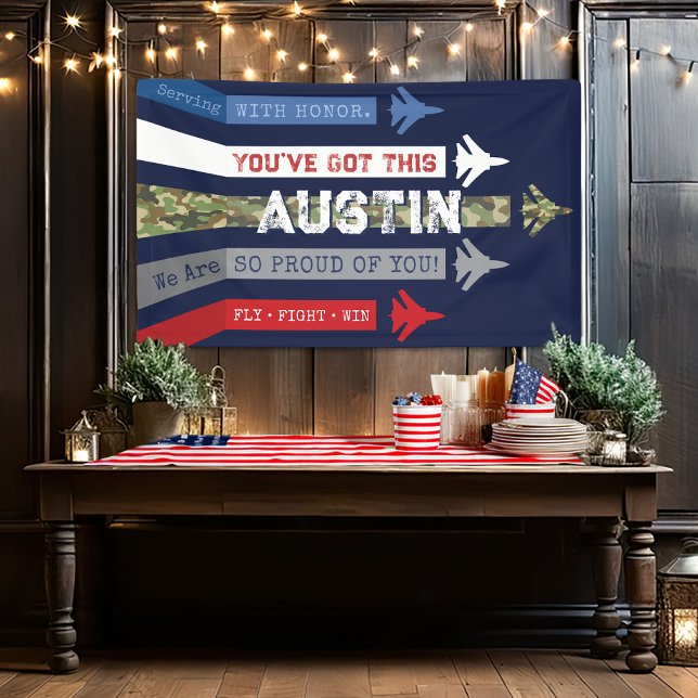 Jets der militärischen Luftwaffe gehen weg vom Par Banner (Air Force military jets flight formation camouflage fly fight win going away farewell party banner)