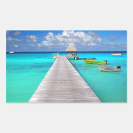 Jetty mit Booten in einer tropischen Lagune Rechteckiger Aufkleber