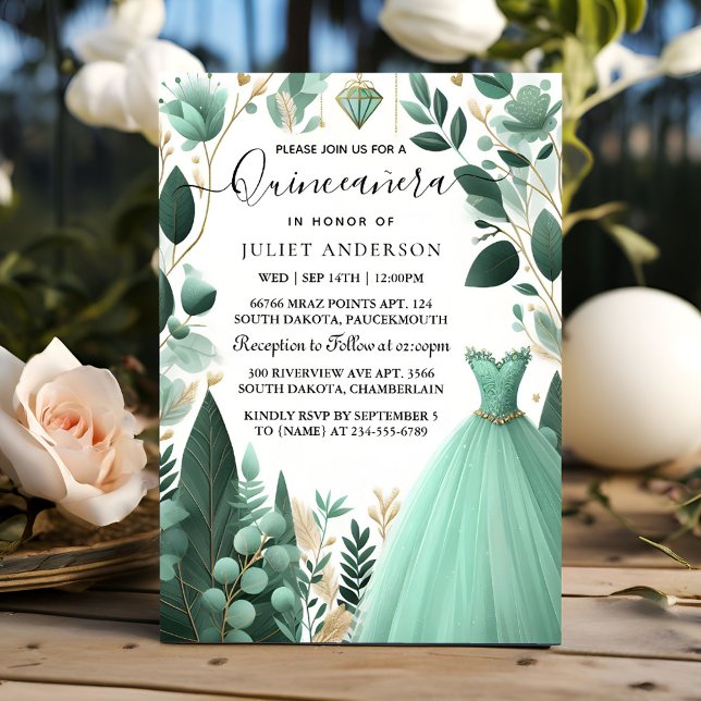 Jetzt Bäume Gold Mint Glam Emerald Green Quinceane Einladung (Von Creator hochgeladen)