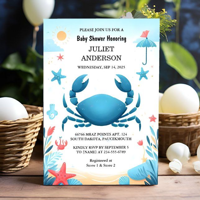 Jetzt Beach Ocean Catch Navy Blue Crab Baby Dusche Einladung (Von Creator hochgeladen)