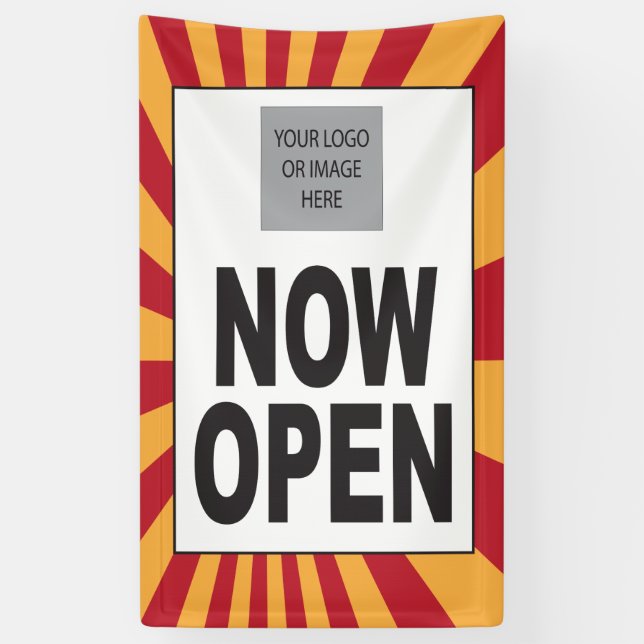 Jetzt Open Sign mit Logo und Sternexplosion Banner (Vertikal)