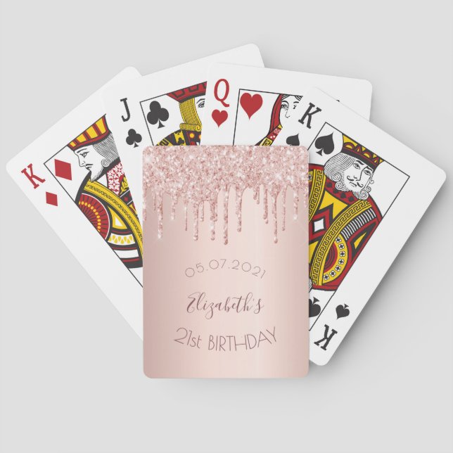 Jeu De Cartes 21e anniversaire fête rose gouttes d'or (dos)