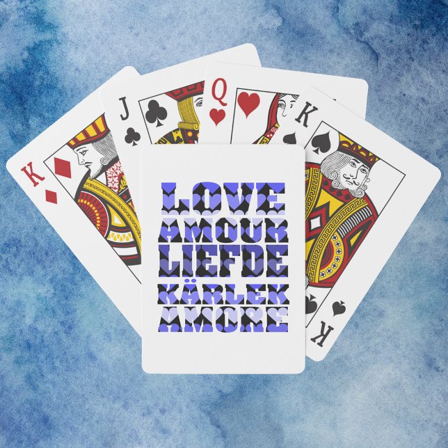 Jeu De Cartes Amour dans différentes langues Coeurs Bleu (A deck of playing cards that says love in a pattern of blue hearts.)
