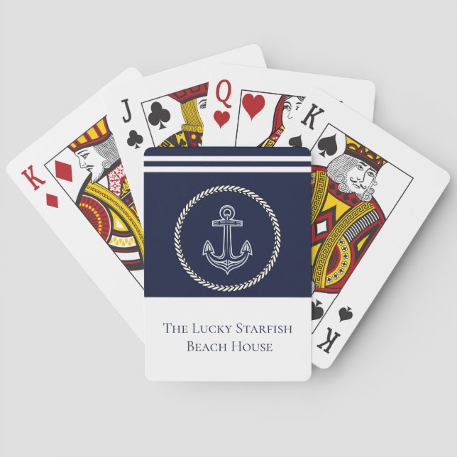 Jeu De Cartes Ancre bleue marine Nom du monogramme côtier (dos)