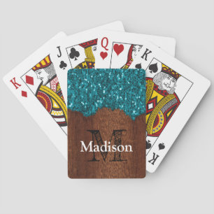 Jeu De Cartes Aqua bleu étincelle bois brun rustique Monogramme