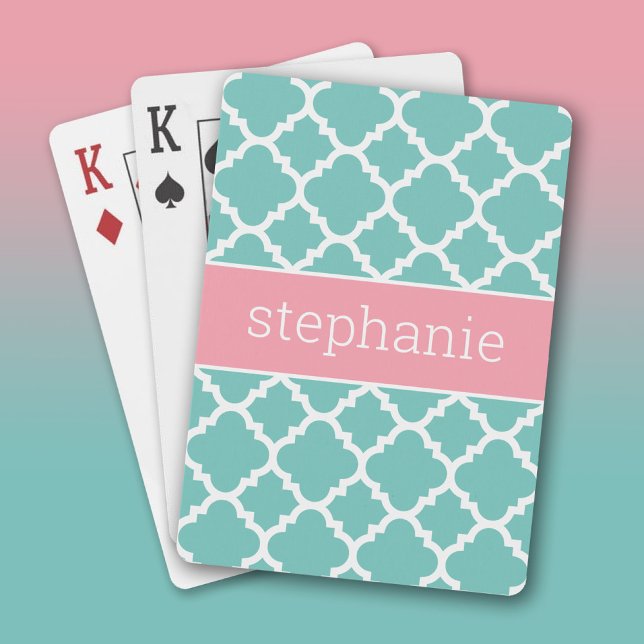 Jeu De Cartes Aqua et Blush Quatrefoil Motif Nom personnalisé (Custom Playing Cards)