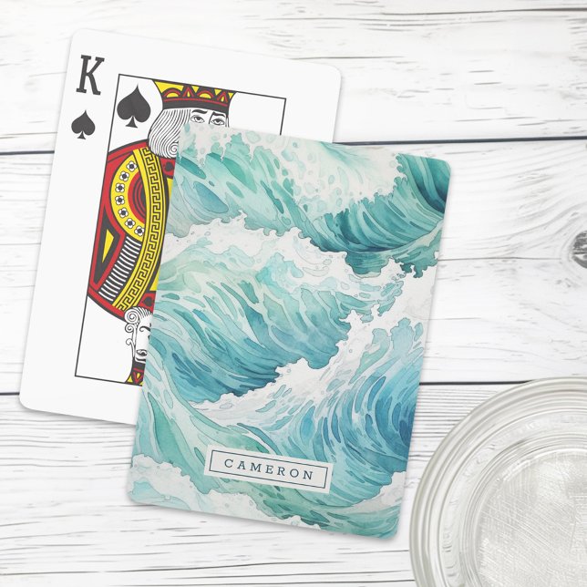 Jeu De Cartes Aquarelle bleu vagues nom personnalisé (Watercolor blue waves custom name playing cards)