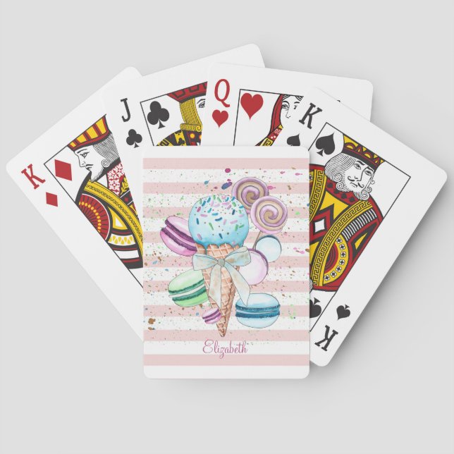 Jeu De Cartes Aquarelle Crème glacée, Macarons, Bandes roses (dos)