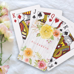 Jeu De Cartes Aquarelle jaune rose floral, bois blanc