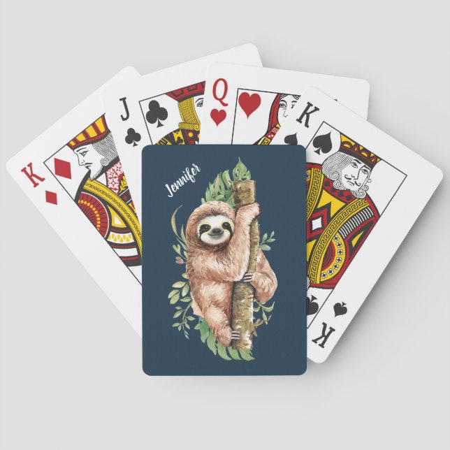 Jeu De Cartes Aquarelle mignonne Sloth & Feuilles tropicaux (dos)