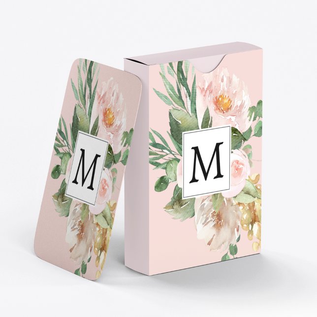 Jeu De Cartes Aquarelle moderne Fleurs roses Monogrammes (Créateur téléchargé)