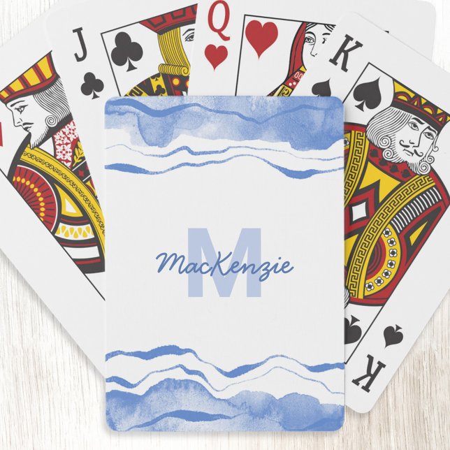 Jeu De Cartes Aquarelle Monogramme Abstrait (Blue and white watercolor abstract monogram initial name personalized art playing cards)