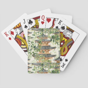 Jeu De Cartes Aquarelle Pagode asiatique dans paysage verdoyant