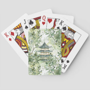 Jeu De Cartes Aquarelle Pagode asiatique dans paysage verdoyant 