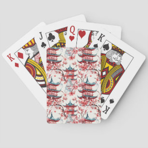 Jeu De Cartes Aquarelle Pagode chinoise avec fleurs de cerisiers