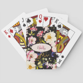 Jeu De Cartes Aquarelle rose Roses jaunes sur noir, Monogramme