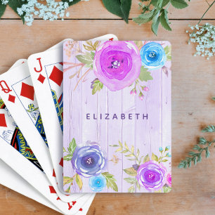 Jeu De Cartes Aquarelle rose violet fleurie rustique bois pays