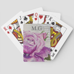 Jeu De Cartes Aquarelle rustique violet Rose Monogramme bois