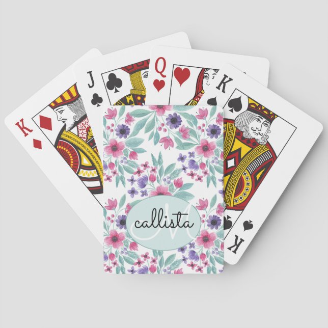 Jeu De Cartes Aquarelle Turquoise rose Fille Monogramme Floral (dos)