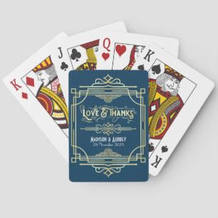 Jeu De Cartes Art Déco Mariage Love & Thanks Gold Blue Favor