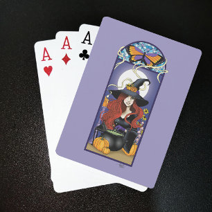 Jeu De Cartes Art Nouveau Sorcière d'Automne Citrouilles Lune Vi