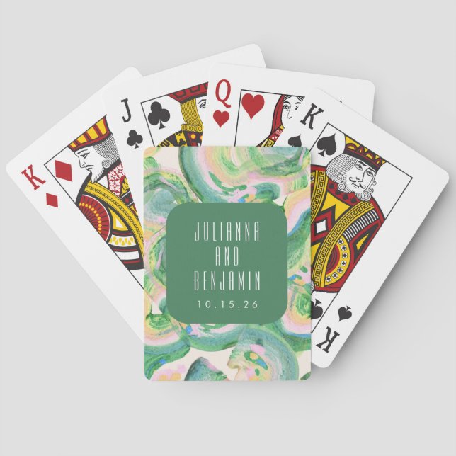 Jeu De Cartes Artsy Abstrait Mariage d'aquarelle verte moderne (dos)