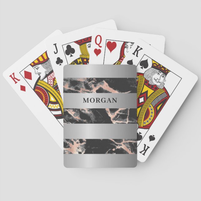 Jeu De Cartes Bandes d'argent, Marbre d'or noir et Rose, nom (dos)
