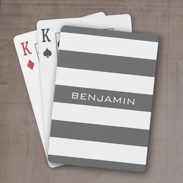 Jeu De Cartes Bandes de rugby blanches et grises avec nom person (Personalized playing cards - sporty, preppy stripe pattern with name. Great gift for the guys!)
